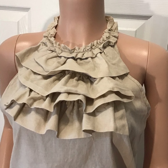 (2) Tweeds Womens Sleeveless Tan & Green Ruffled Linen Halter Tops Size Medium - Picture 3 of 7